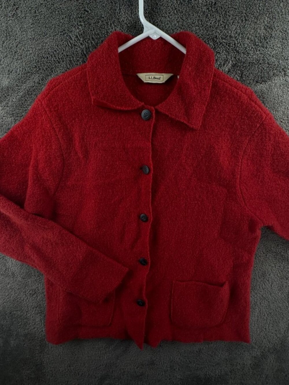 LL Bean Women All Wool Jacket Red Button Up Large High Pile Soft Knit Adult